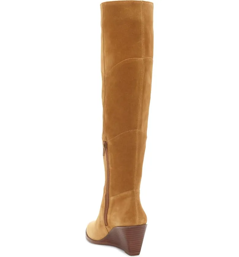 1.State Kern Marigold Tan Suede Knee High Low Wedge Pointed Toe Dress Boots