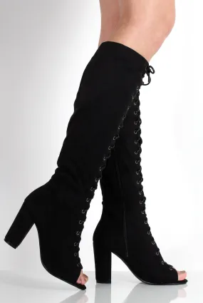 Alicia Black Suede Knee High Lace Up Boots