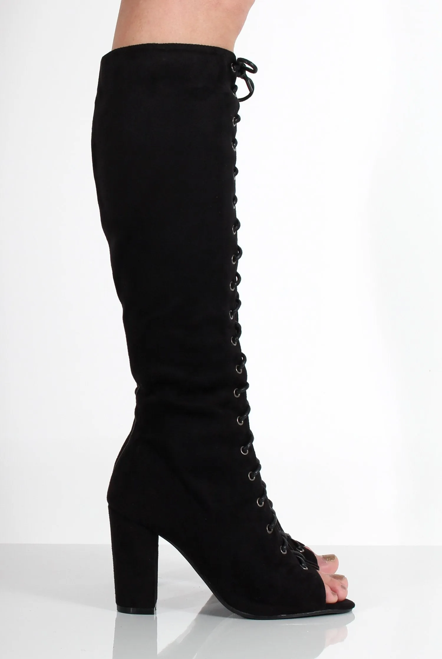 Alicia Black Suede Knee High Lace Up Boots