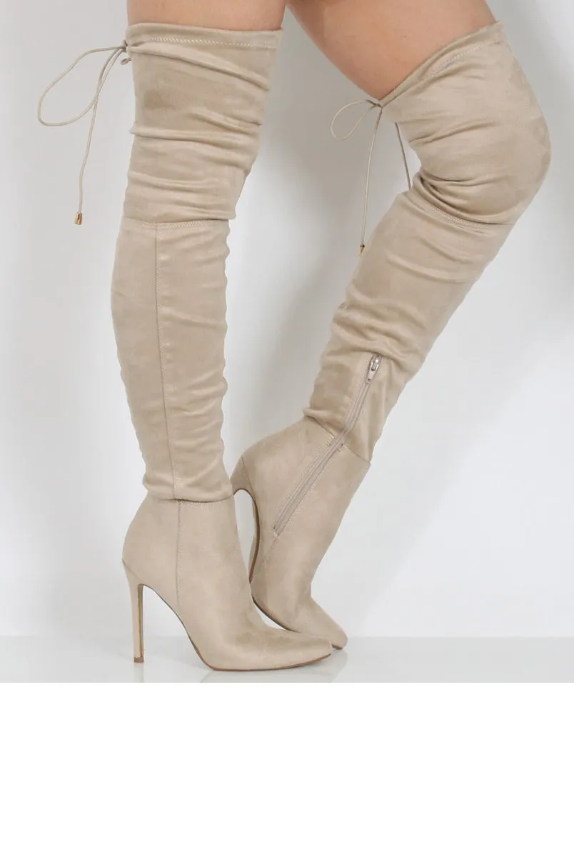 Beige Suede Over the Knee Drawstring Stiletto Boots - Avery