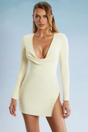 Cowl Neck Thigh Split Mini Dress in Ivory