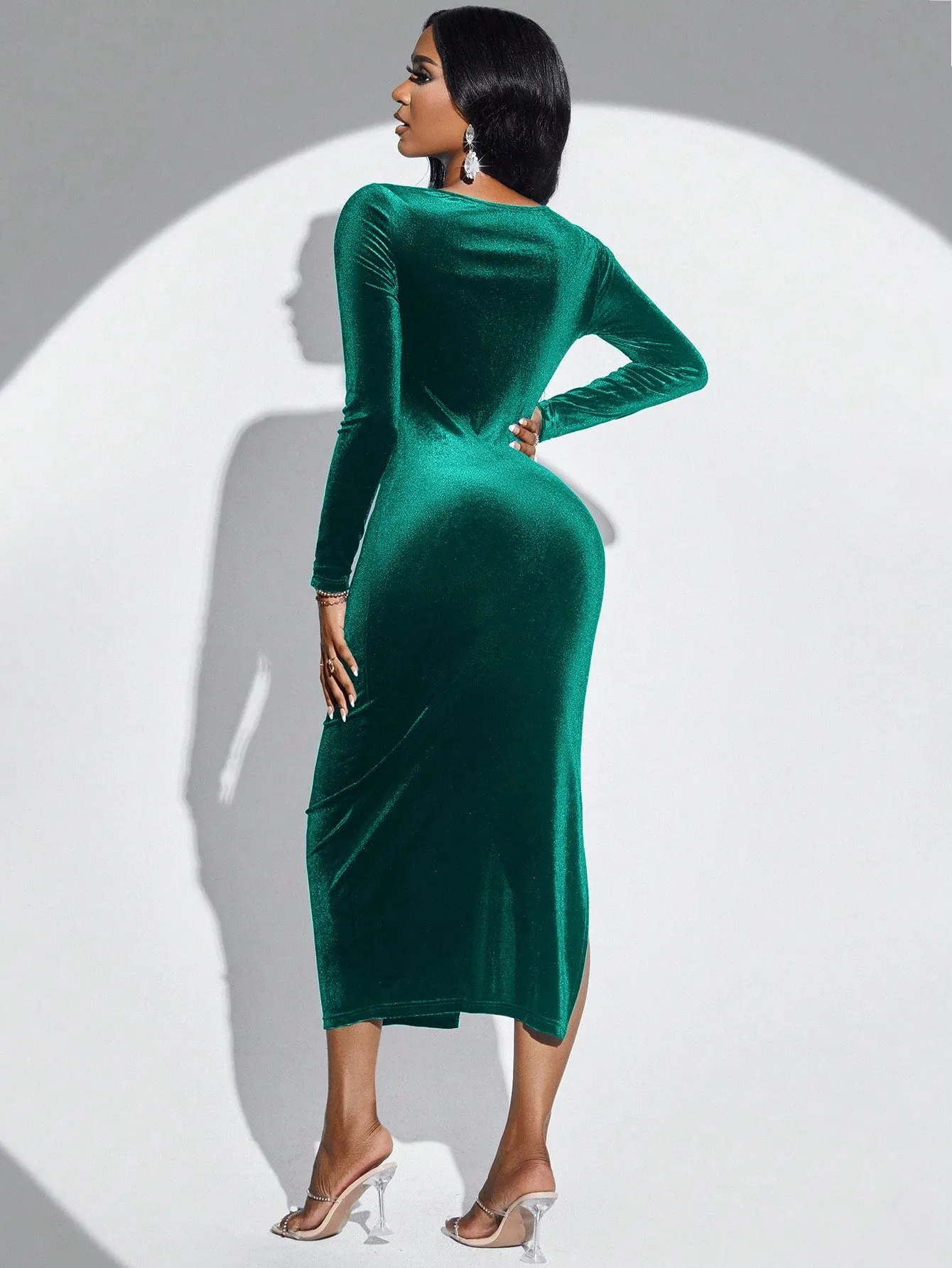 Cut Out Split Thigh Velvet Bodycon Maxi Evening Dress