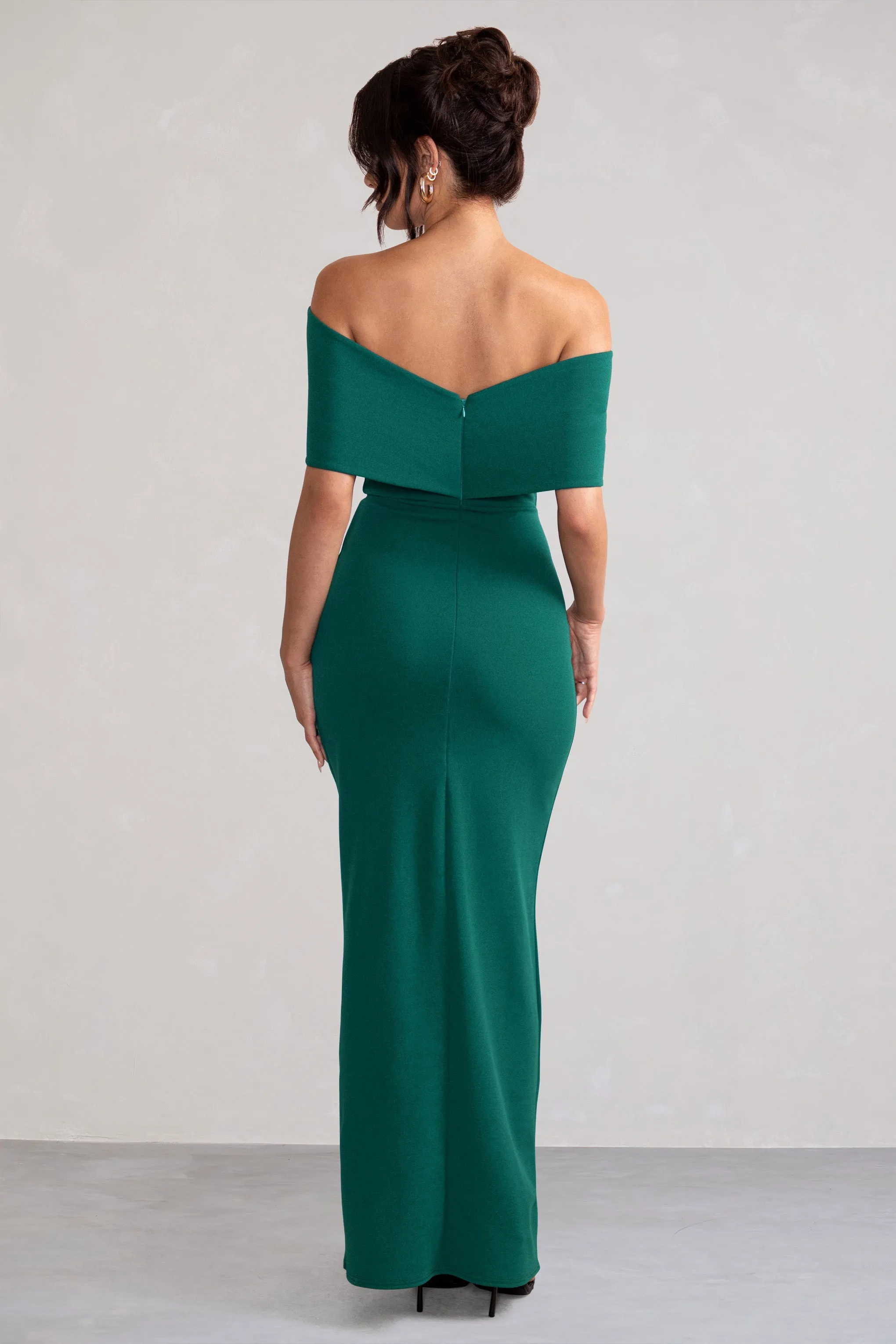 Eva | Green Bardot Bow Detail Maxi Dress With Thigh Split