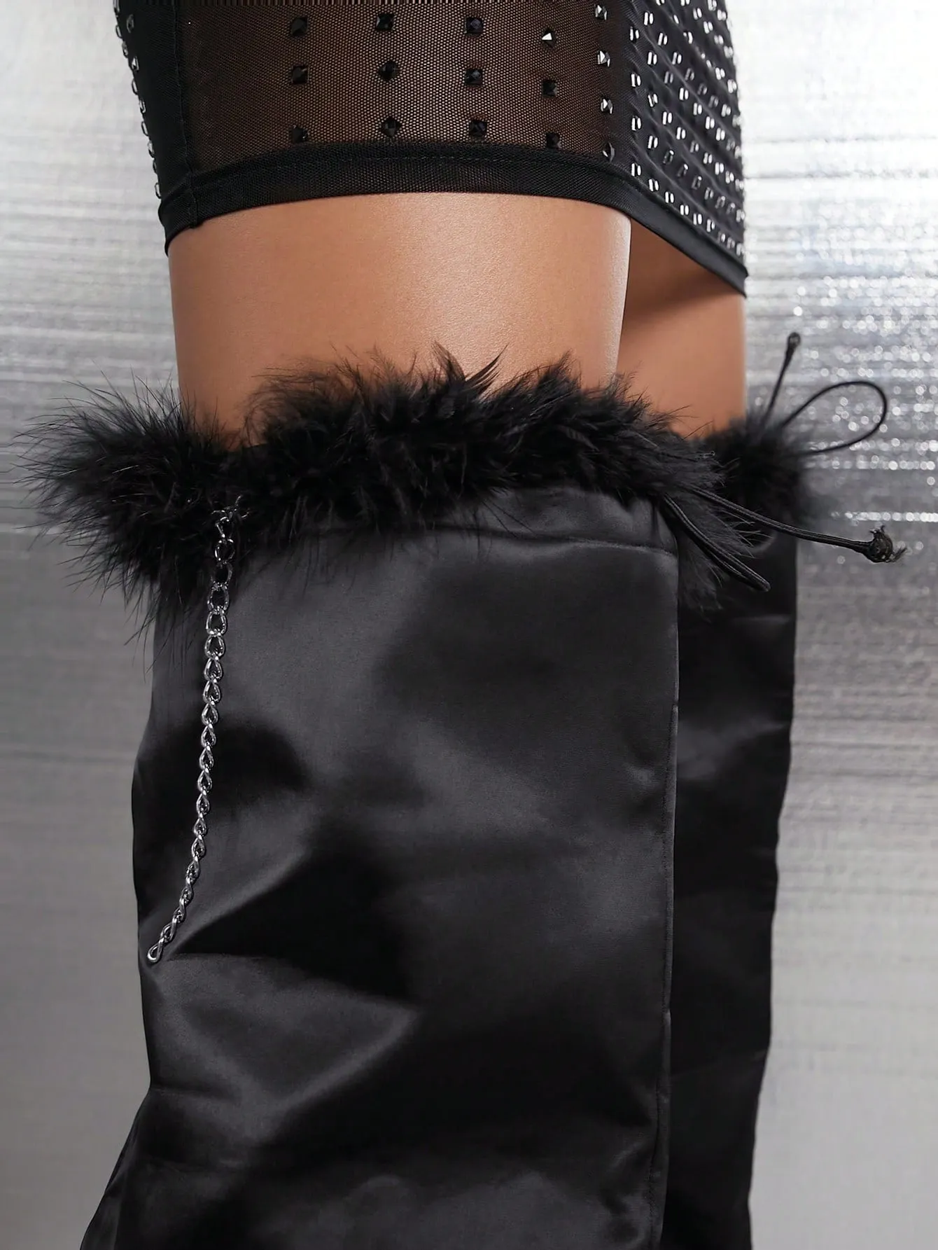 Faux Fur Trim Ruched Knee High Boots