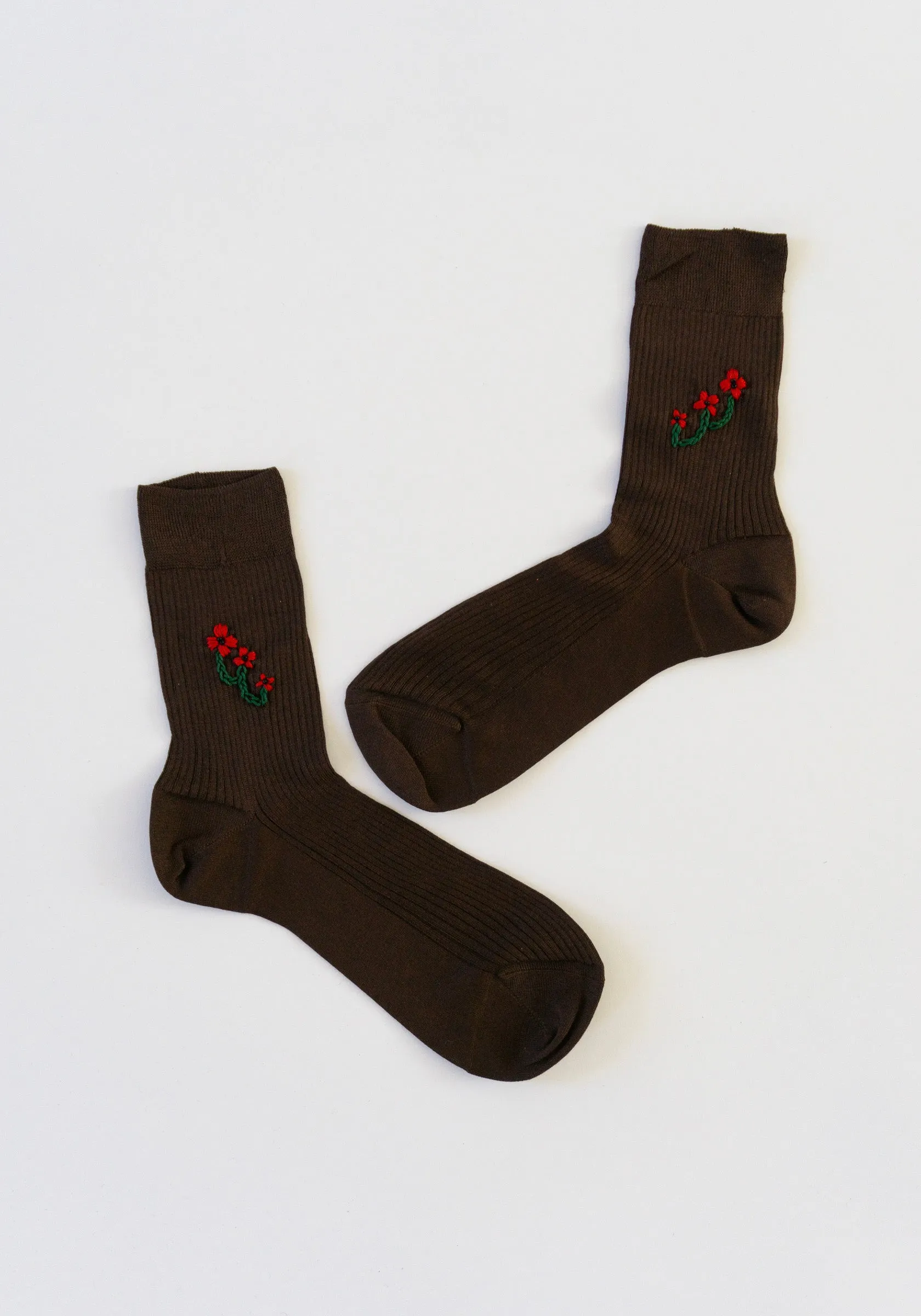 Floral Embroidered Sock with Brown Poppy