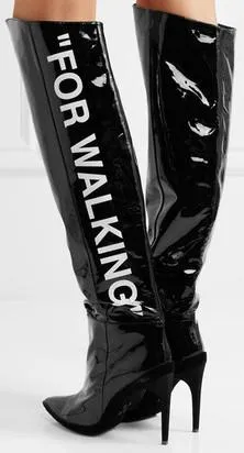 'For Walking' Printed Leather Over-the-Knee Boots, Black