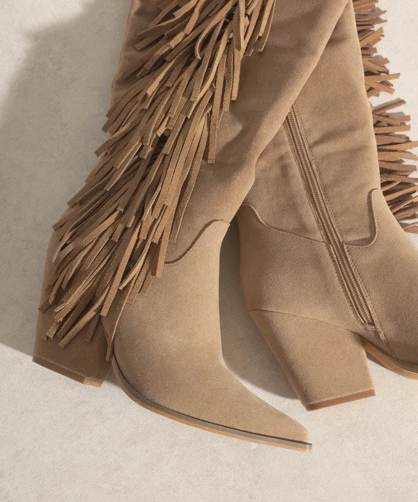 Khaki Bohemian Knee High Fringe Boots