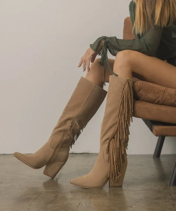 Khaki Bohemian Knee High Fringe Boots