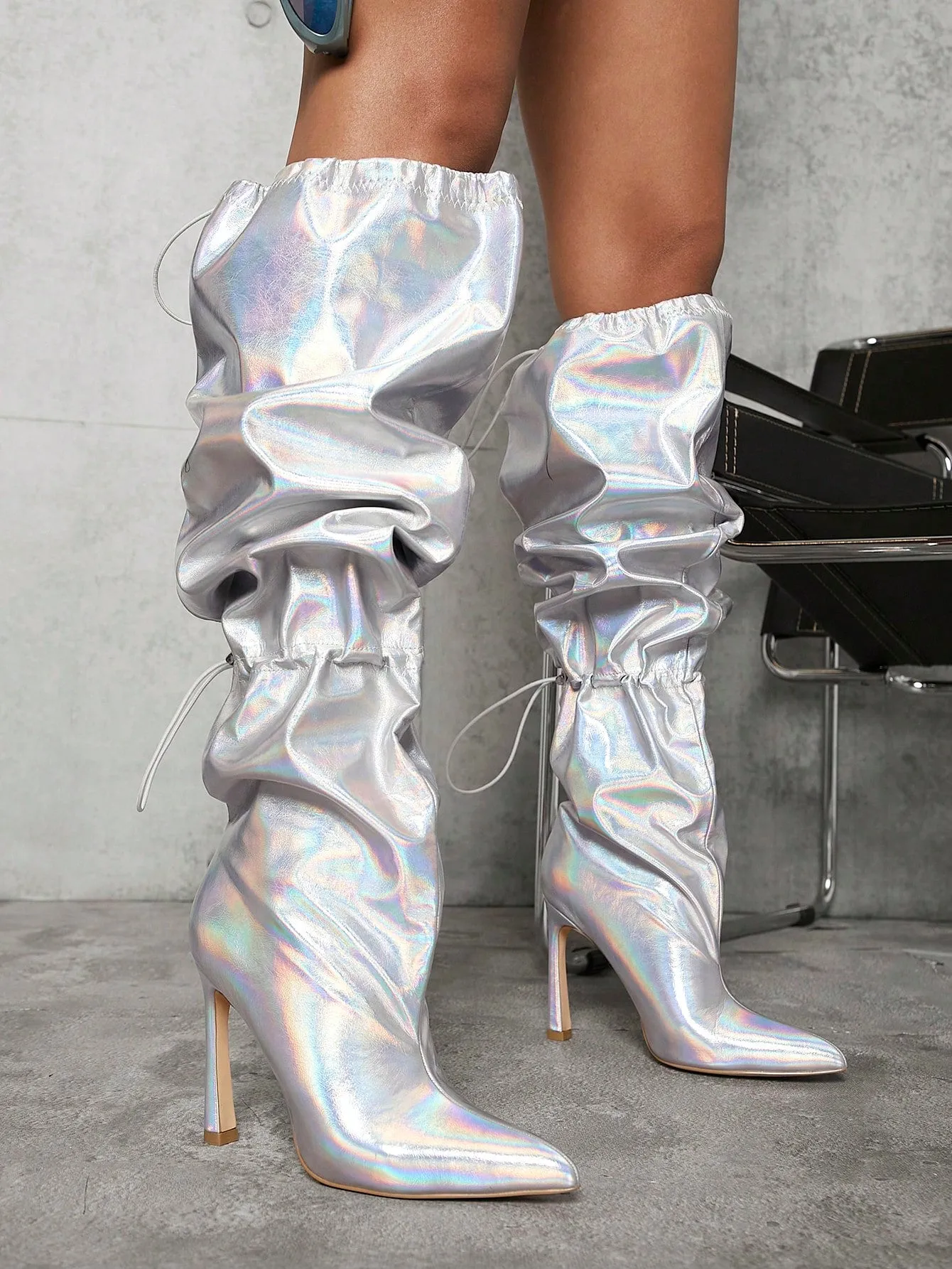 Metallic Pointy Toe Thigh High Boots