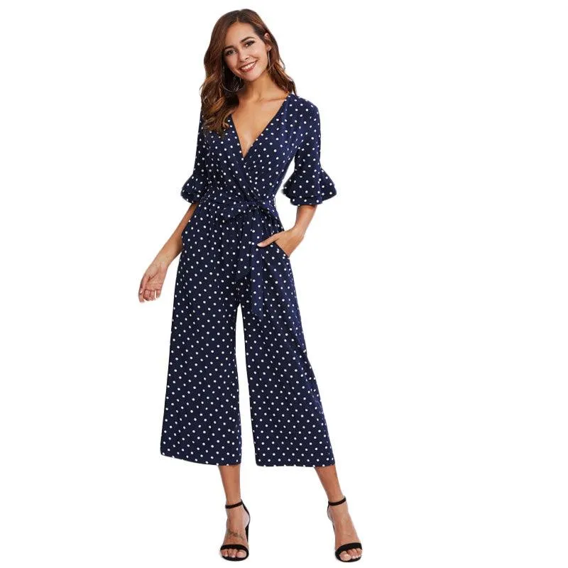 NAVY DOTS ANKLE PANTS JUMPSUIT