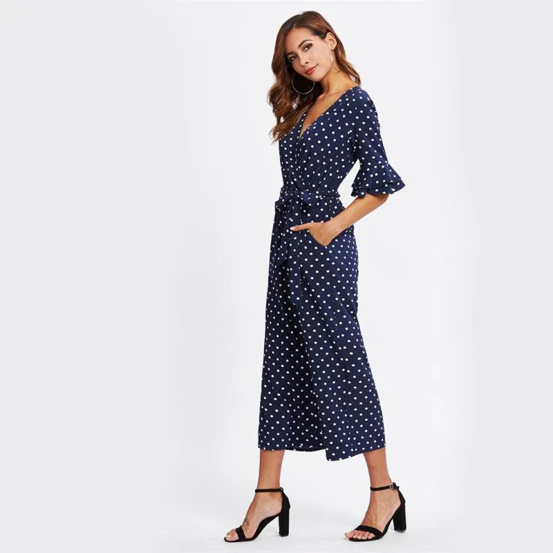 NAVY DOTS ANKLE PANTS JUMPSUIT