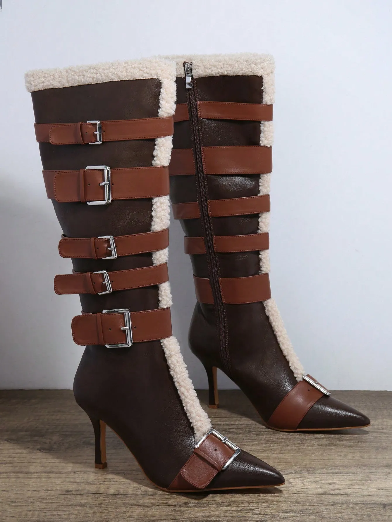 Pointed Toe Fuzzy Buckled Knee-High Boots