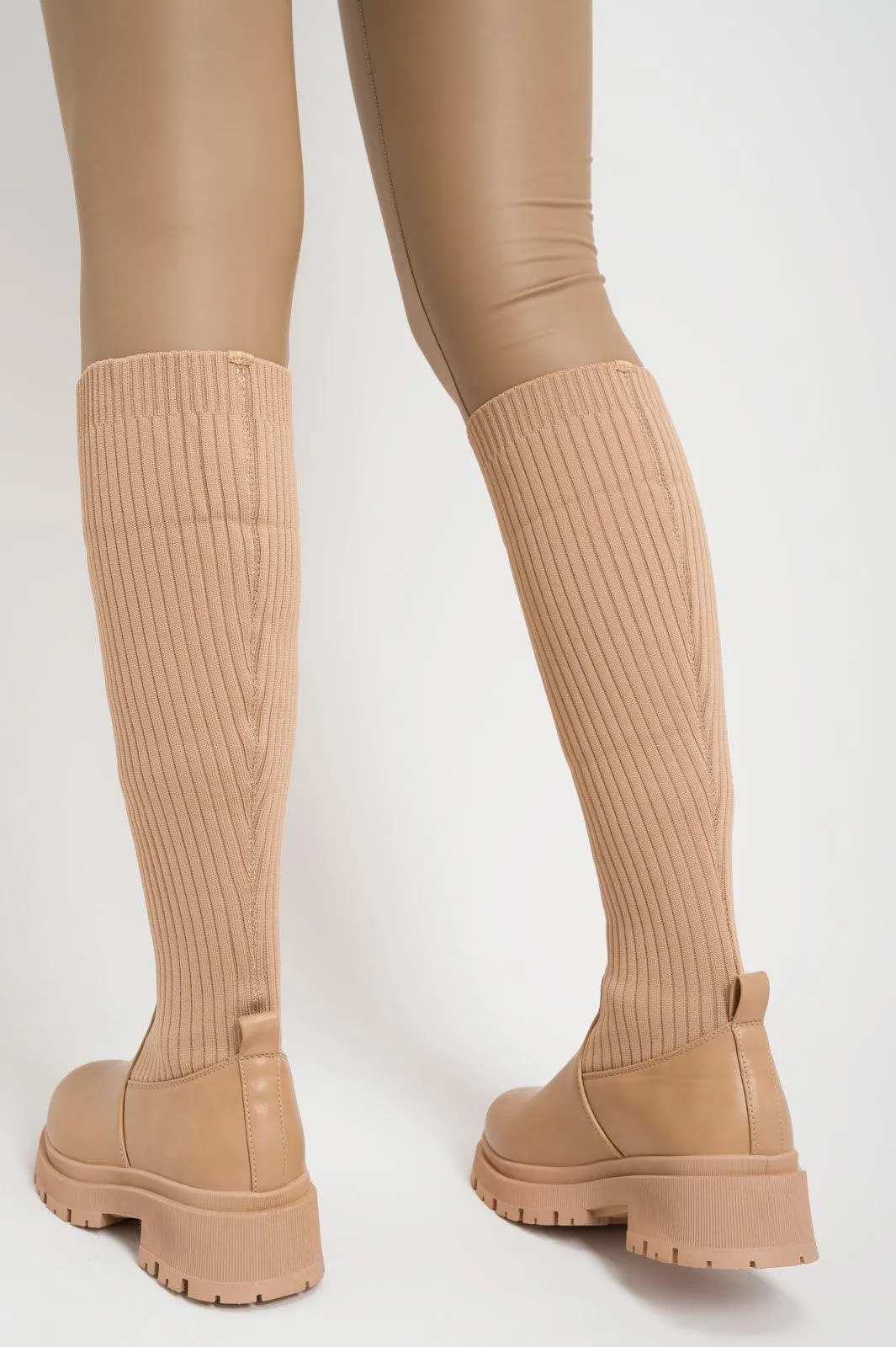 Taupe Knee High Chunky Sock Boots