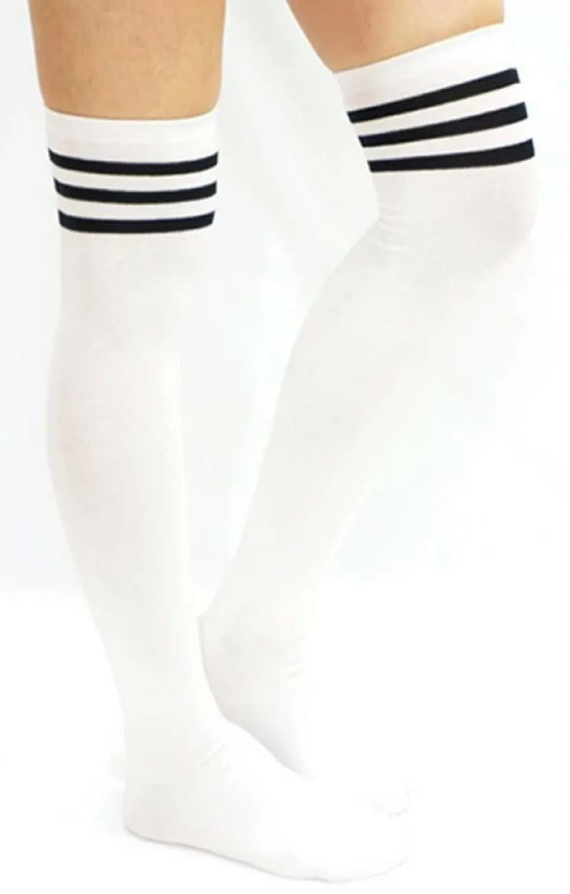 White thigh high socks with black stripe