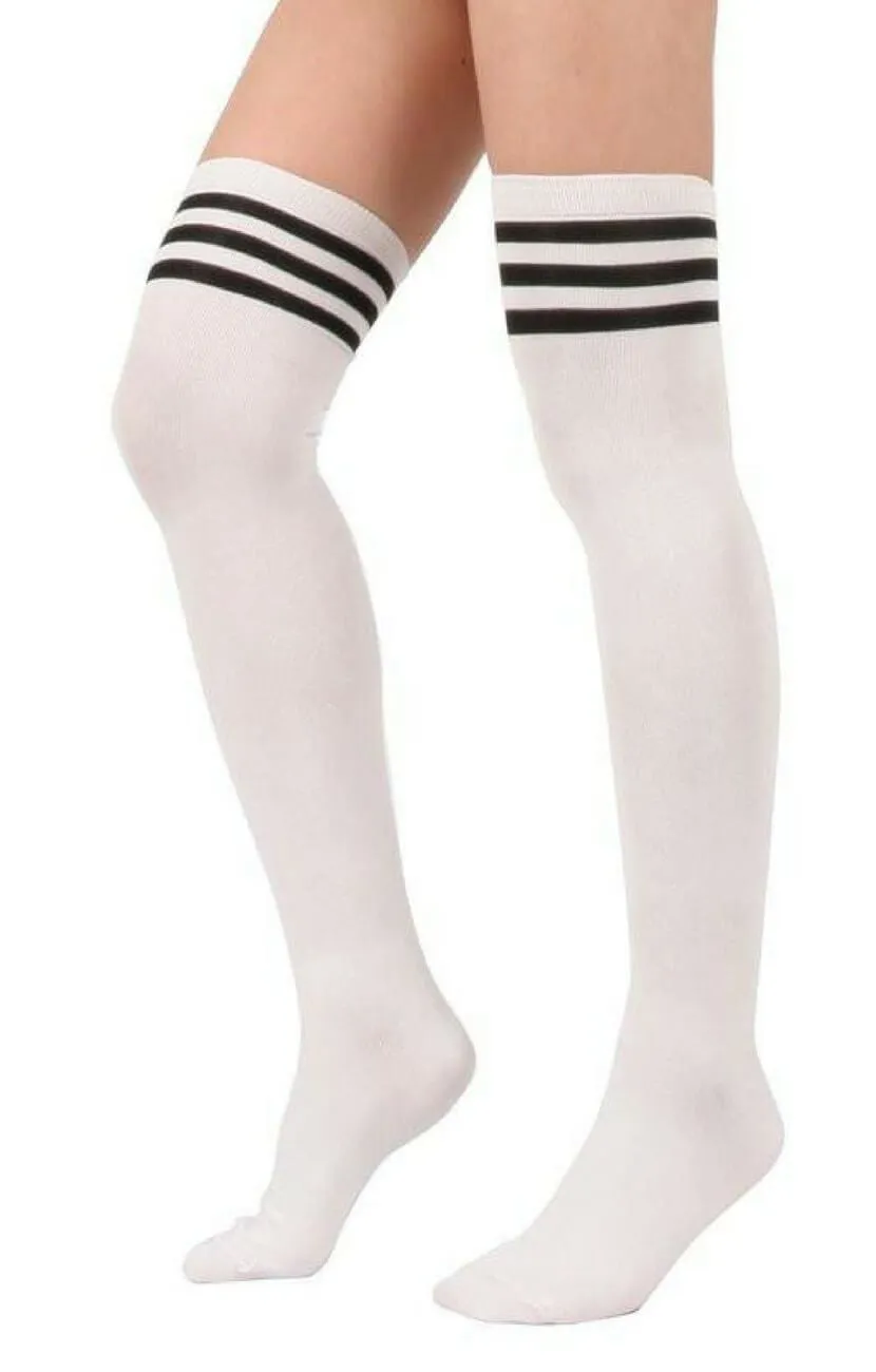 White thigh high socks with black stripe