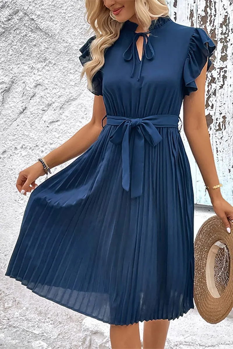 WOMEN RUFFLED HIGH NECK PLEATED KNEE LENGTH  Dress